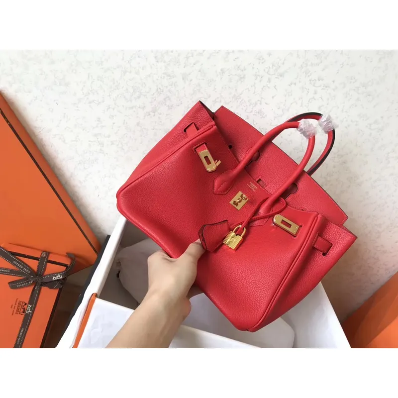 Hermes červená Birkin 25cm Clemence ručně vyráběná taška
