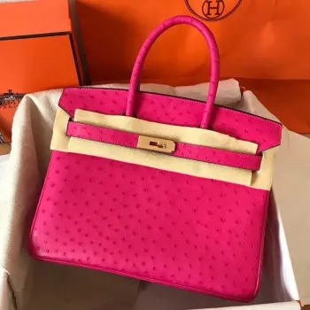 Hermes Rose Red Birkin 30cm Pštrosí Ručně Vyrobená Taška
