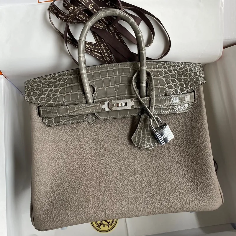 Hermes Touch Birkin 25 Taška v Gris Asphalt Lesklá Niloticus Krokodýlí Kůže