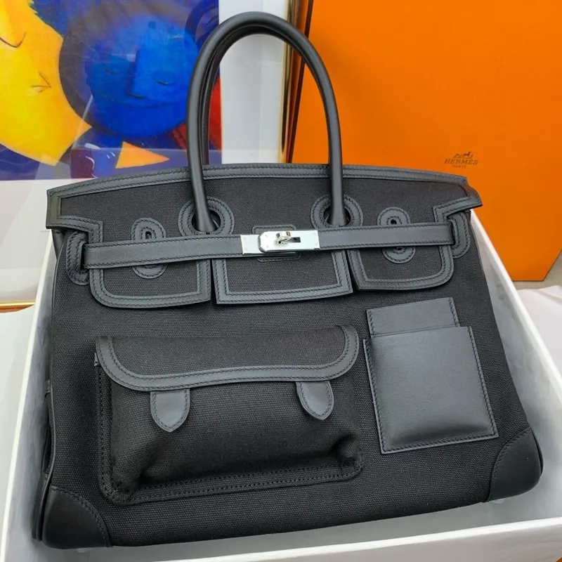 Hermes Cargo Birkin 35cm Limitovaná edice Taška v černé plátno