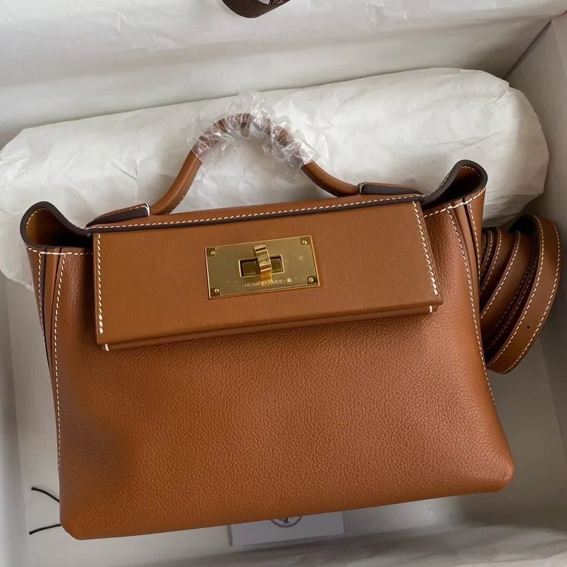 Hermes 24/24 Mini 21 Ručně vyráběná taška z kůže Evercolor v zlaté barvě