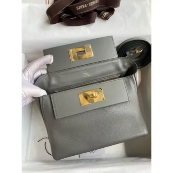 Hermes 24/24 Mini 21 Ručně vyráběná taška v kůži Gris Meyer Evercolor