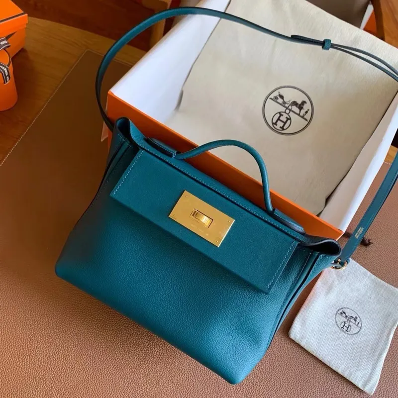 Hermes 24/24 Mini 21 Ručně vyráběná taška v kůži Vert Bosphore Evercolor