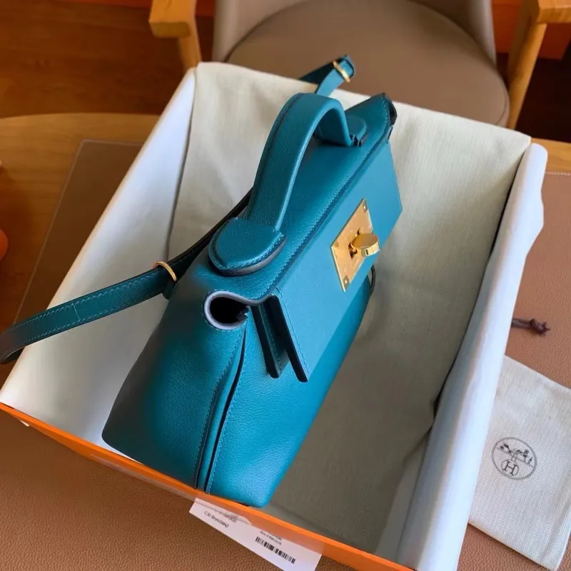 Hermes 24/24 Mini 21 Ručně vyráběná taška v kůži Vert Bosphore Evercolor