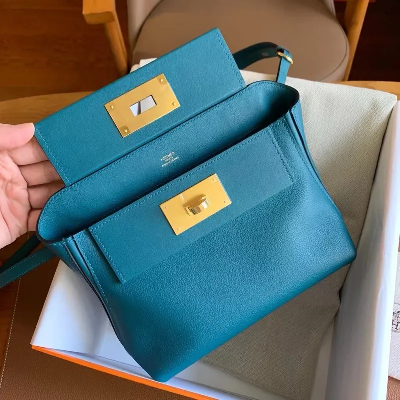 Hermes 24/24 Mini 21 Ručně vyráběná taška v kůži Vert Bosphore Evercolor