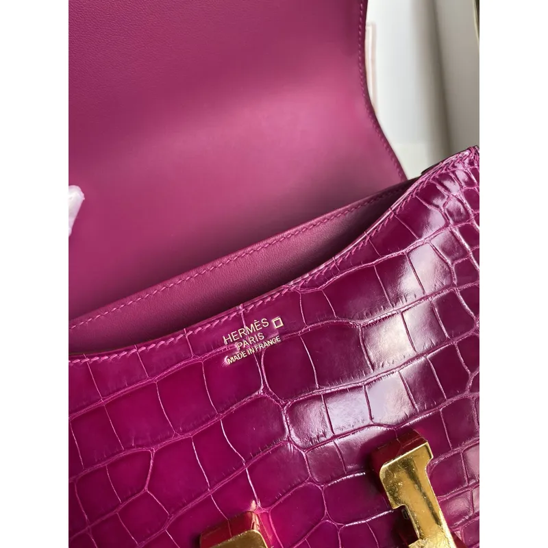 Hermes Constance 18 Ručně vyráběná taška v růžové Scheherazade lesklé aligátorové kůži