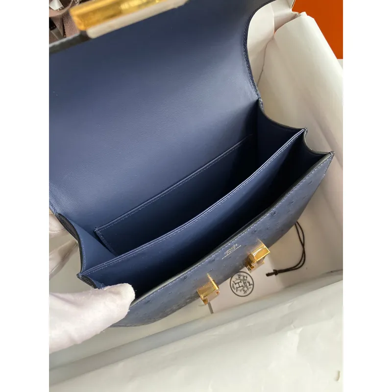 Hermes Constance 18 Ručně vyráběná taška v modré iris pštrosí kůži