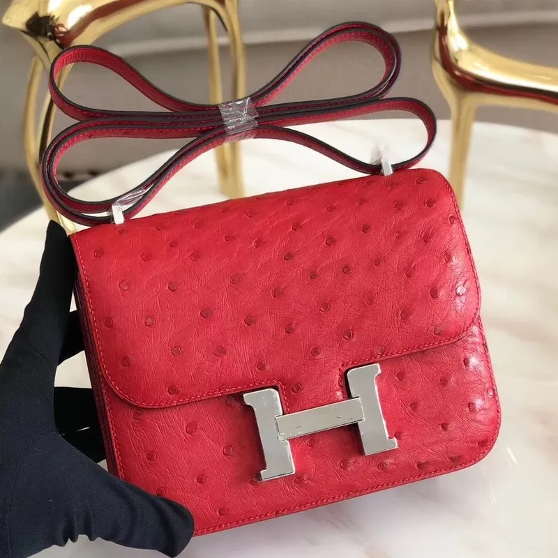 Hermes Mini Constance 18cm Červená pštrosí kůže