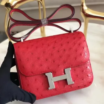 Hermes Mini Constance 18cm Červená pštrosí kůže