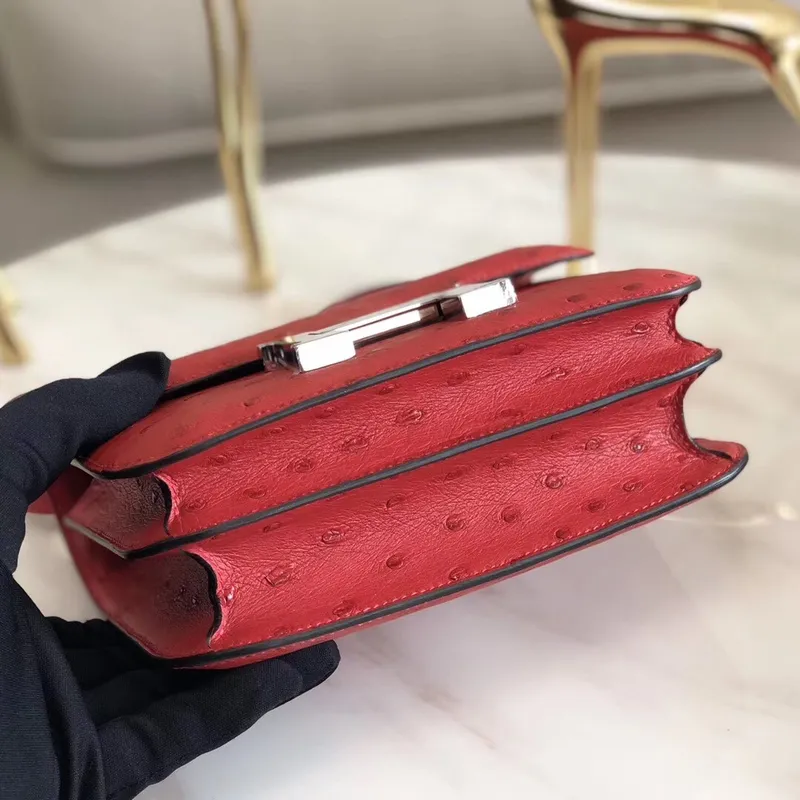 Hermes Mini Constance 18cm Červená pštrosí kůže