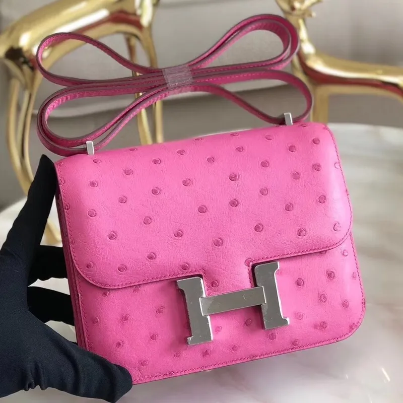 Hermes Mini Constance 18cm Růžová pštrosí kůže