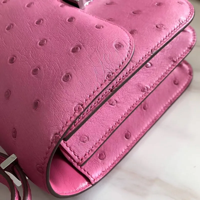 Hermes Mini Constance 18cm Růžová pštrosí kůže
