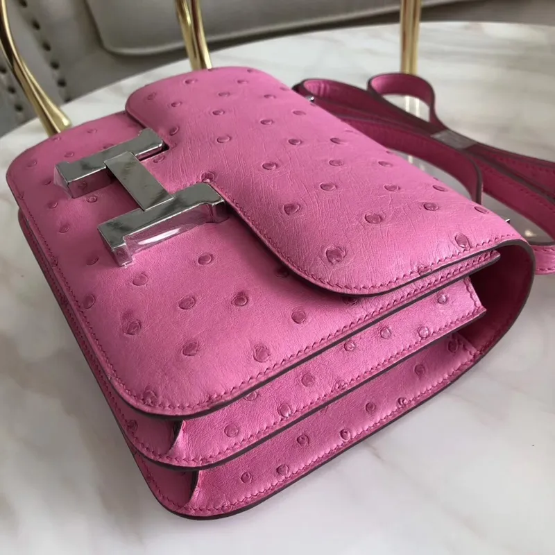 Hermes Mini Constance 18cm Růžová pštrosí kůže