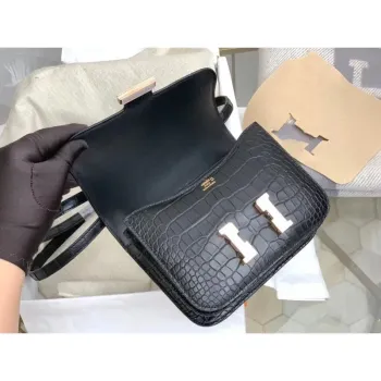 Hermes Mini Constance 18cm Taška v černé aligátorové krokodýlí kůži