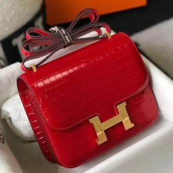 Hermes Constance 18cm Taška v červeném embosovaném krokodýlím vzoru