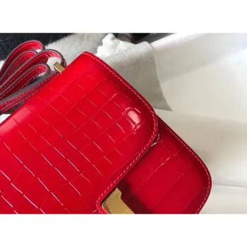 Hermes Constance 18cm Taška v červeném embosovaném krokodýlím vzoru