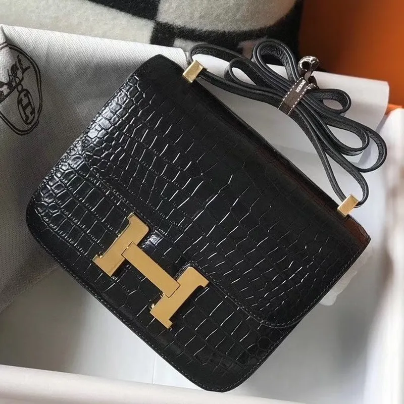 Taška Hermes Constance 18cm v černém embosovaném krokodýlím vzoru