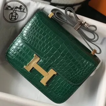 Hermes Constance 24cm Taška v zeleném embosovaném krokodýlím vzoru