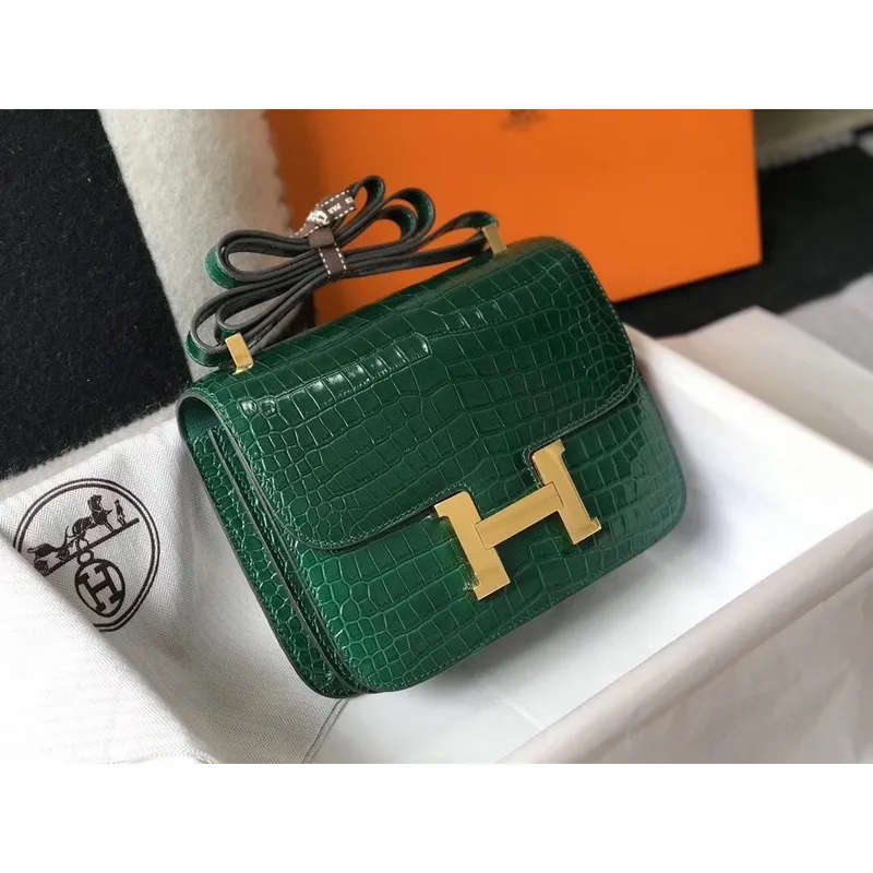 Hermes Constance 24cm Taška v zeleném embosovaném krokodýlím vzoru