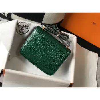 Hermes Constance 24cm Taška v zeleném embosovaném krokodýlím vzoru
