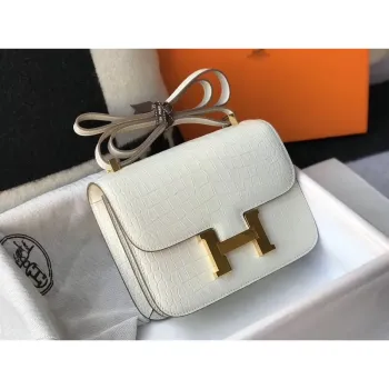 Kabelka Hermes Constance 24 cm v bílé embosované krokodýlí kůži