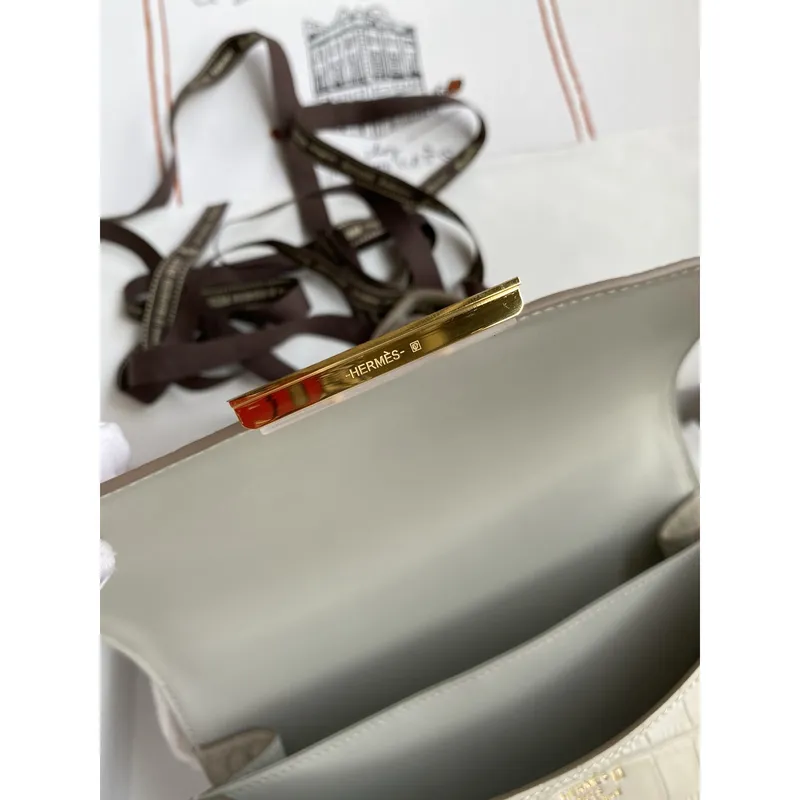 Hermes Constance 24 Ručně vyráběná taška v matné perlově šedé aligátorové kůži