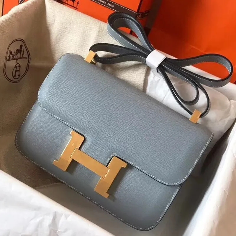 Hermes Epsom Constance 24cm Modrá Lin Ručně Vyrobená Taška