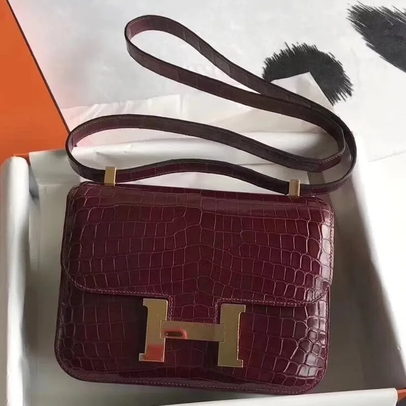 Hermes Constance 24cm Bourgogne Niloticus Krokodýl