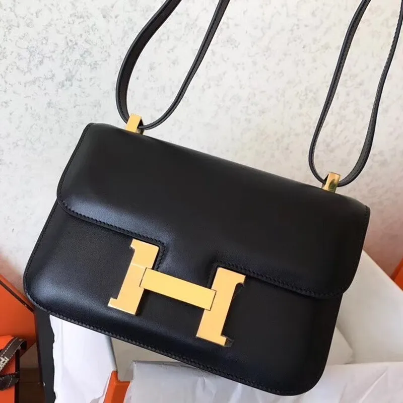 Hermes Swift Constance 24cm Černá Ručně Vyrobená Taška