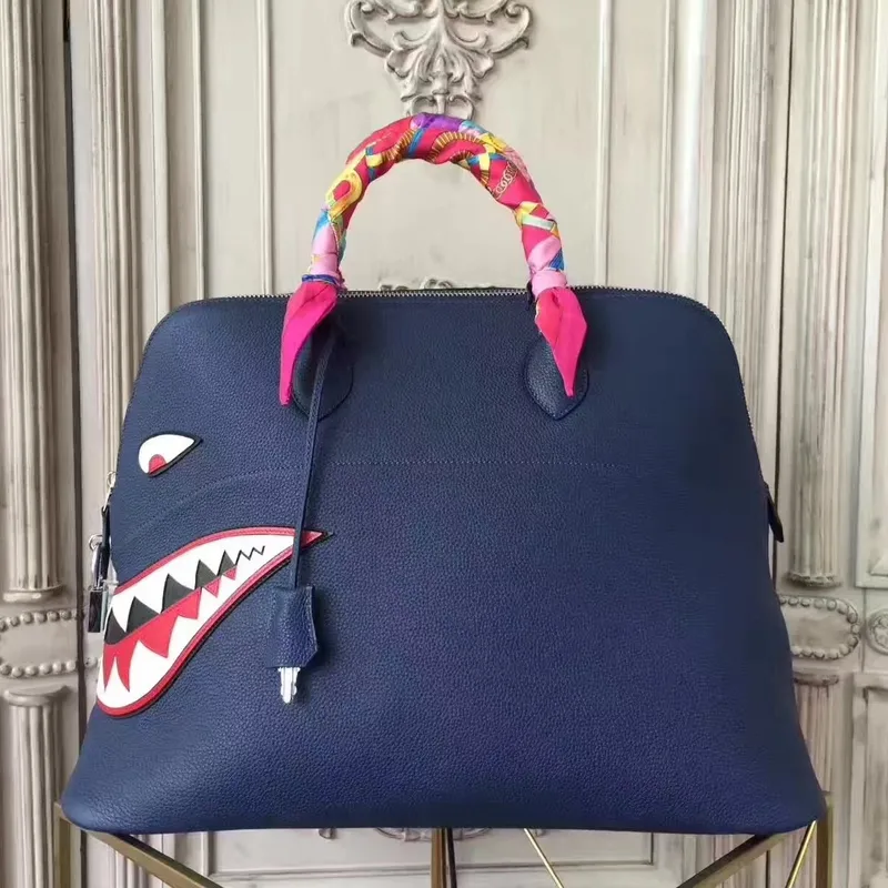 Hermes Shark Bolide 45cm Taška v modré telecí kůži