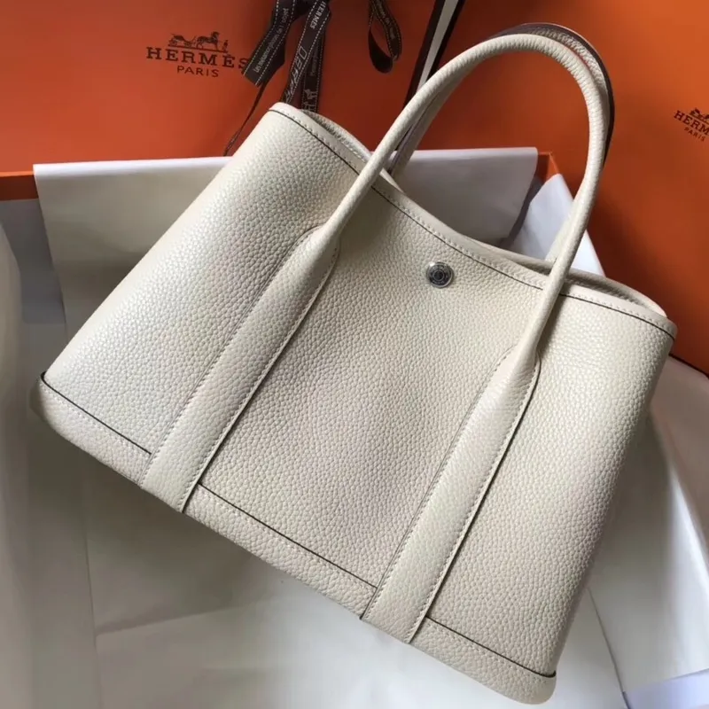 Hermes White Clemence Garden Party 30cm Ručně vyráběná taška