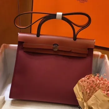 Hermes Herbag Zip 31cm Taška v barvách camel a bordeaux