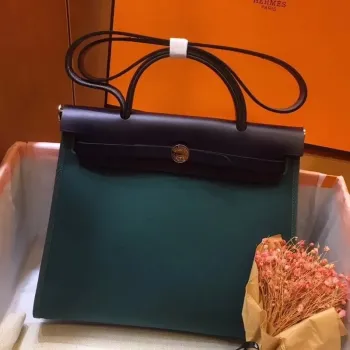 Hermes Herbag Zip 31cm Taška v námořnické modři a zelené