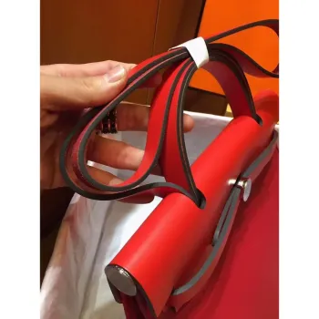 Hermes Herbag Zip 31cm Taška v červené plátno a kůže