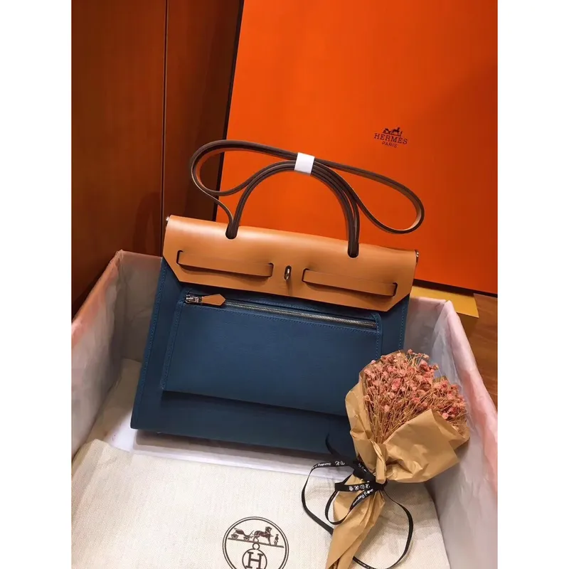 Hermes Herbag Zip 31cm Taška v Hnědé a Modré