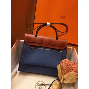 Hermes Herbag Zip 31cm Taška v Camel a Modré