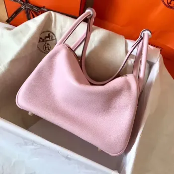 Hermes Rose Dragee Lindy 26cm Clemence Ručně vyráběná taška