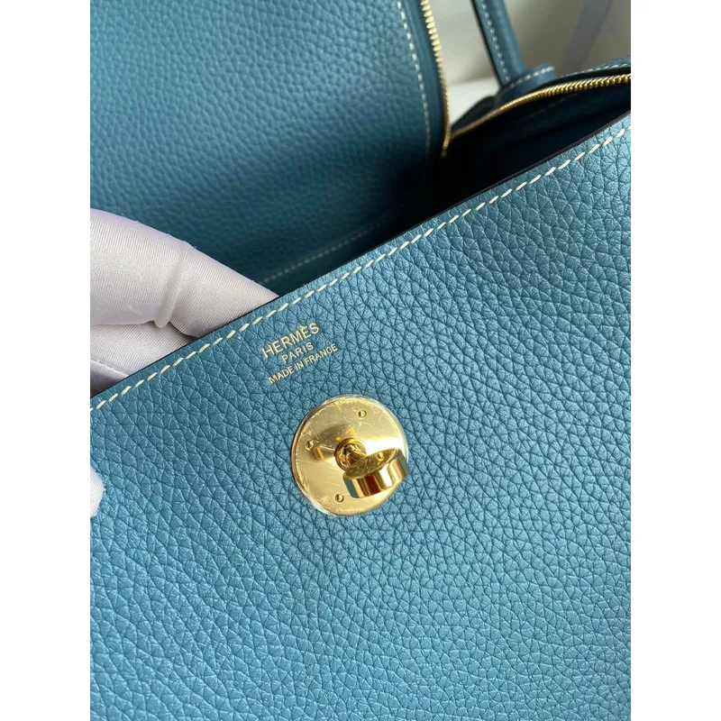Hermes Lindy 26 Ručně vyráběná taška v kůži Clemence v modrém džínovém odstínu