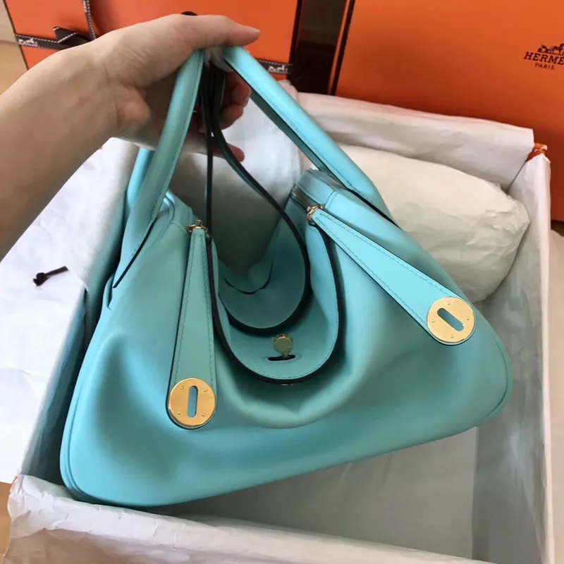 Hermes Blue Atoll Lindy 30cm Swift Ručně vyráběná taška