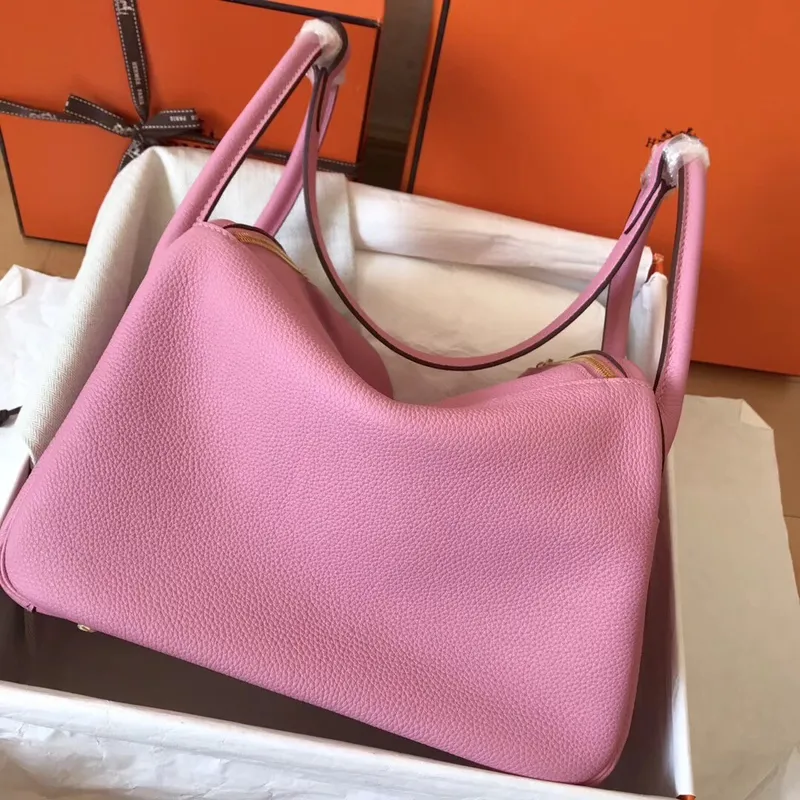 Hermes Pink Lindy 30cm Clemence Ručně vyráběná taška