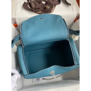 Hermes Lindy 30 Ručně vyráběná taška v modré džínové kůži Clemence