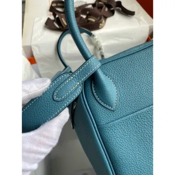 Hermes Lindy 30 Ručně vyráběná taška v modré džínové kůži Clemence