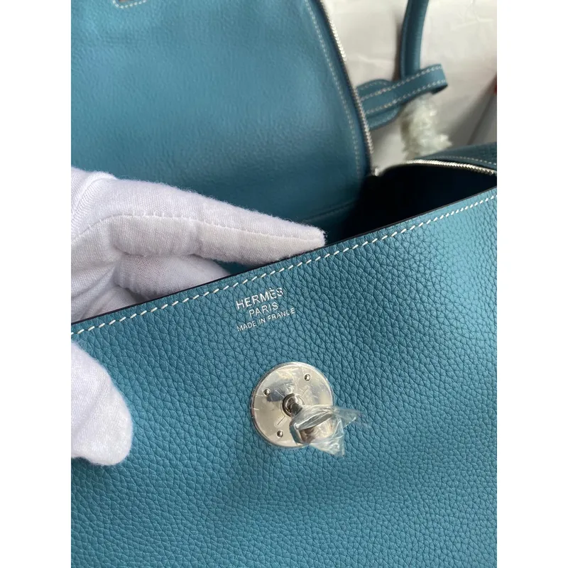 Hermes Lindy 30 Ručně vyráběná taška v modré džínové kůži Clemence