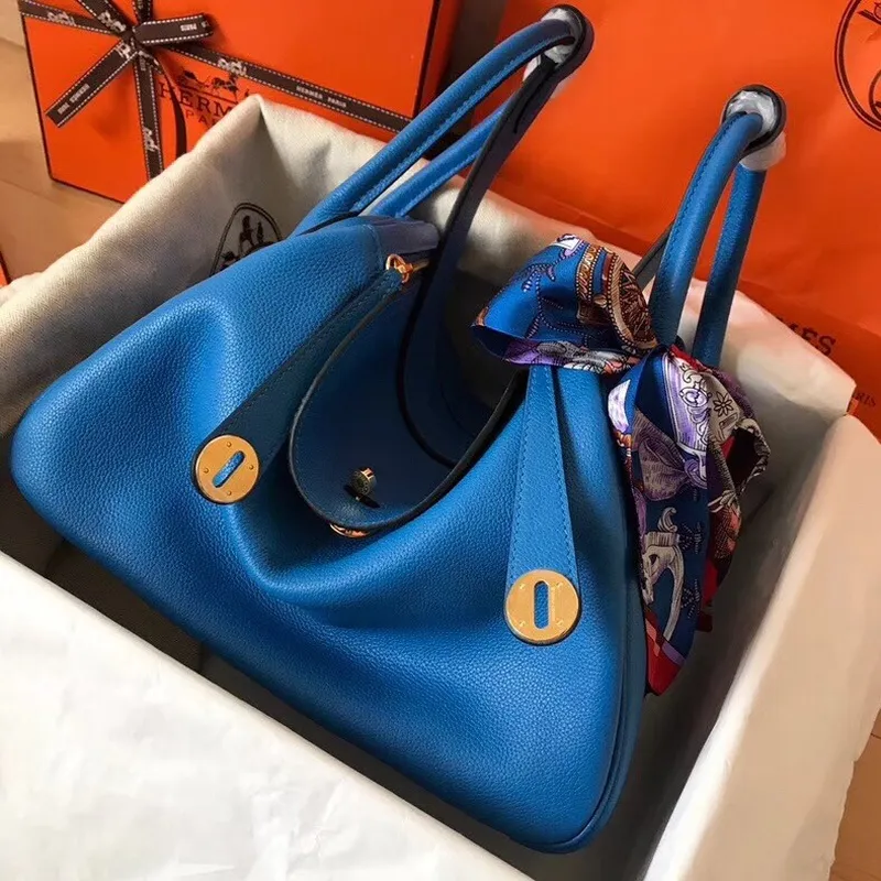 Hermes Blue Zanzibar Lindy 30cm Bicolor Ručně vyráběná taška