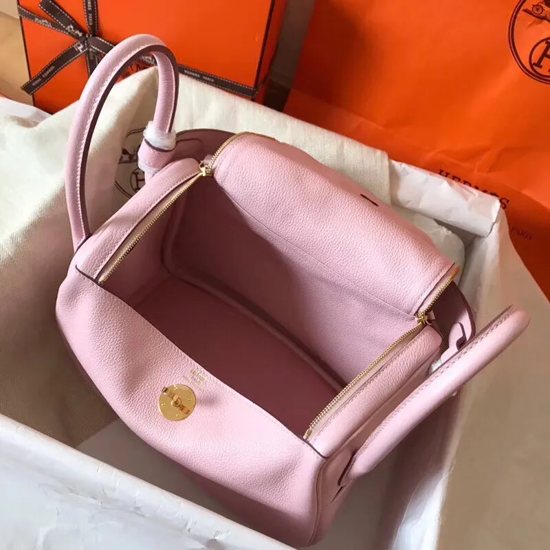 Hermes Rose Dragee Lindy 30cm Clemence Ručně vyráběná taška