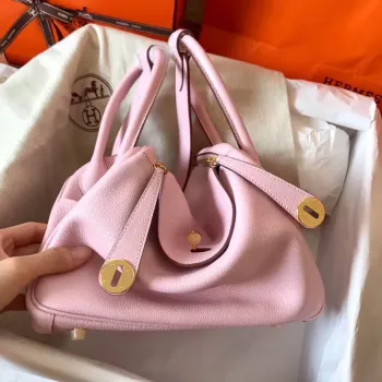 Hermes Rose Dragee Lindy 30cm Clemence Ručně vyráběná taška