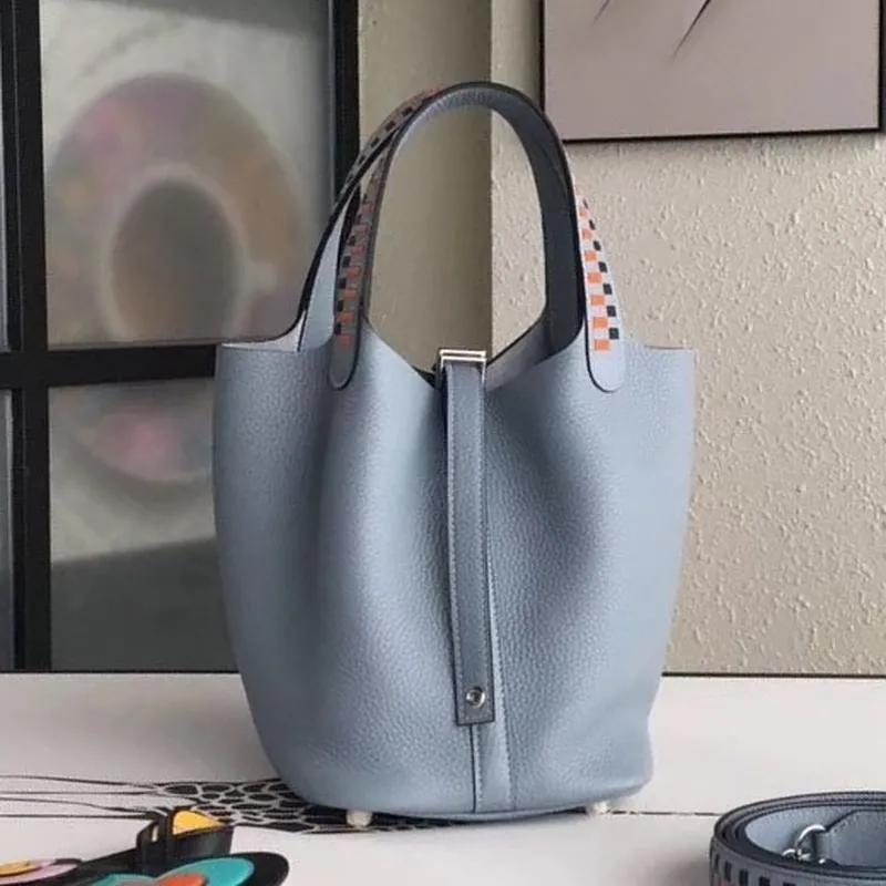 Hermes Blue Lin Picotin Lock 18cm Taška s Pletenými Rukojeťmi