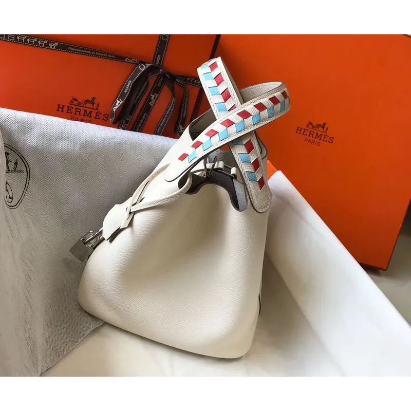 Hermes White Picotin Lock 18 Taška s pletenými rukojeťmi
