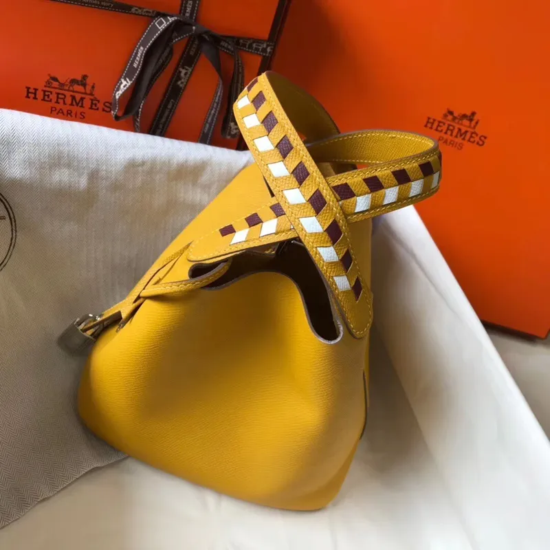 Hermes Žlutá Picotin Lock 18 Taška s Pletenými Rukojeťmi