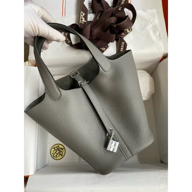 Hermes Picotin Lock 18 Ručně vyráběná taška v kůži Gris Meyer Clemence